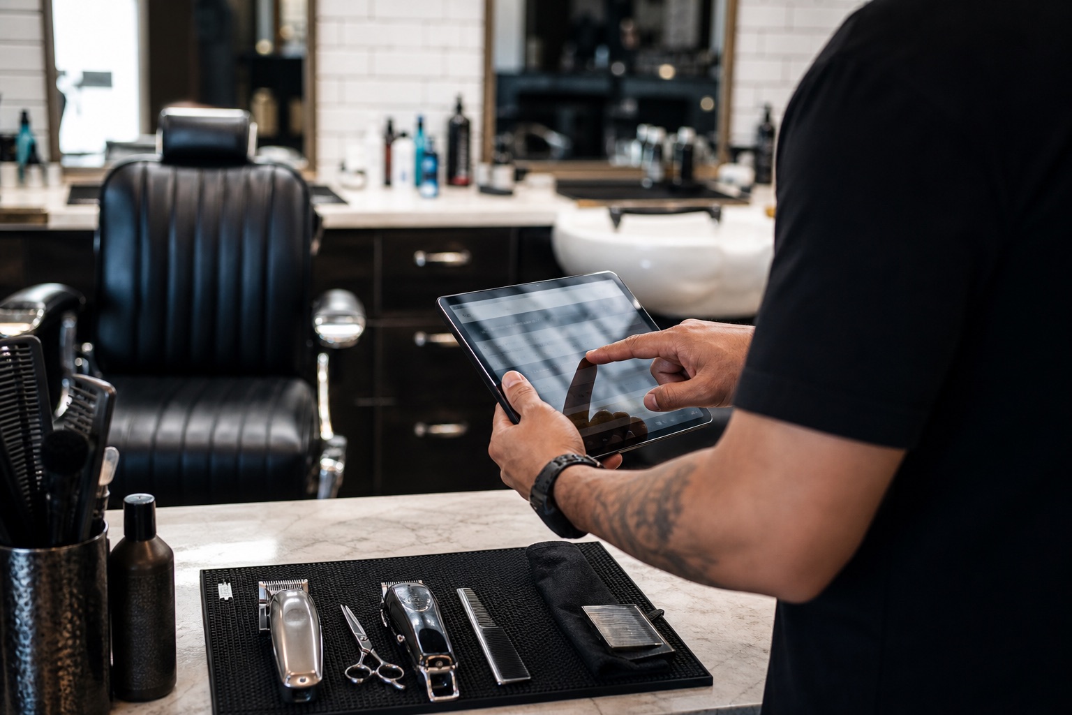 Barber shop owner reviewing booking activity on a tablet at the station