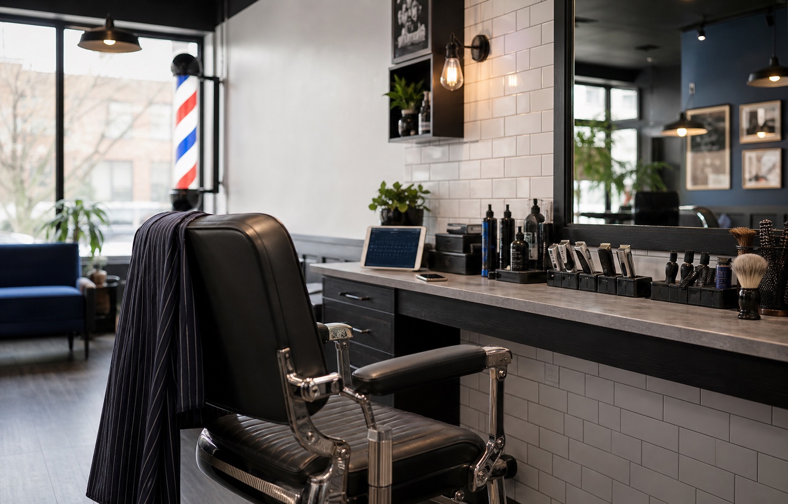 Modern barber shop chair, mirror, clippers, and booking tablet on the counter
