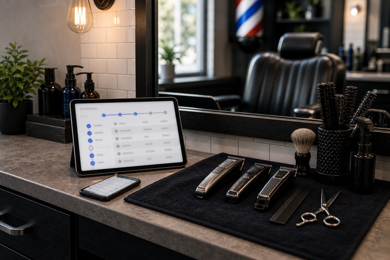 Tablet on a barber station showing a blurred workflow approval view beside clippers