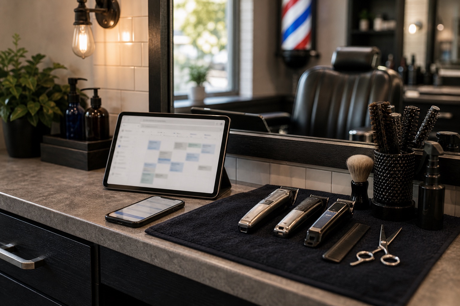 Barber station counter with clippers, phone, and tablet showing blurred booking activity